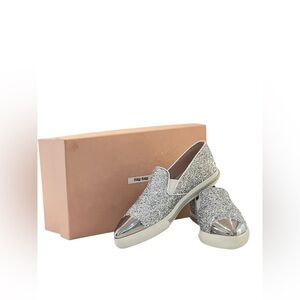 Miu Miu Silver Glitter And Metal Cap Toe Slip On Sneakers